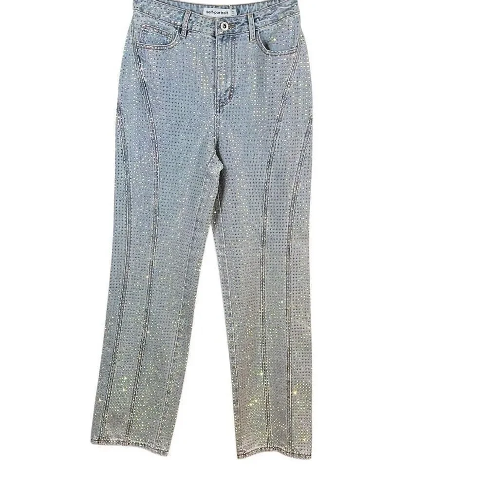 NWT Self-Portrait Blue Rhinestone Embellished High-Waisted Denim Jeans W27 L32
